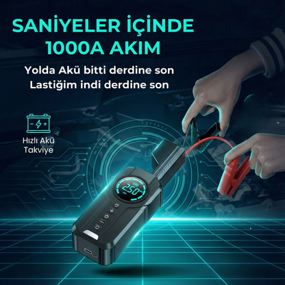 4in1 Akü Takviye+Hava Pompası+Led Fener+Powerbank
