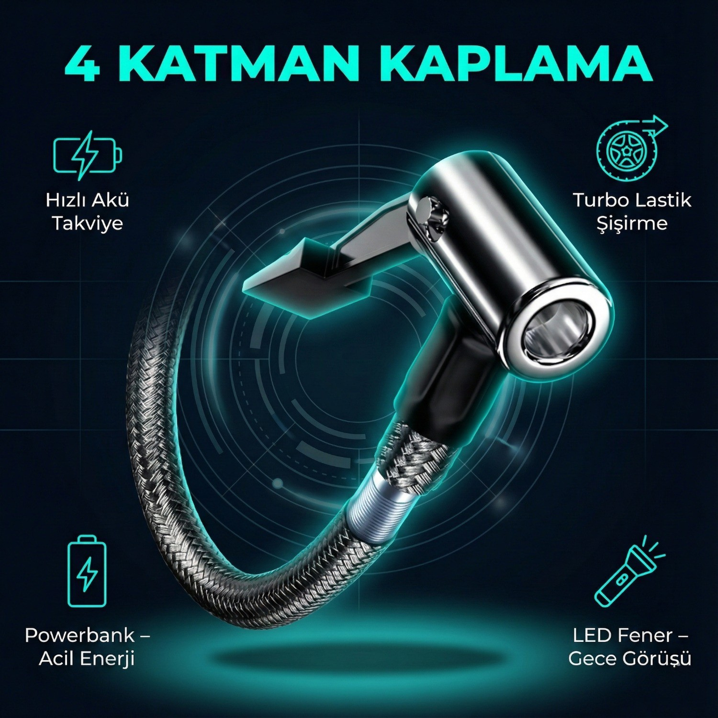 4in1 Akü Takviye+Hava Pompası+Led Fener+Powerbank