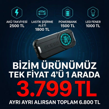4in1 Akü Takviye+Hava Pompası+Led Fener+Powerbank