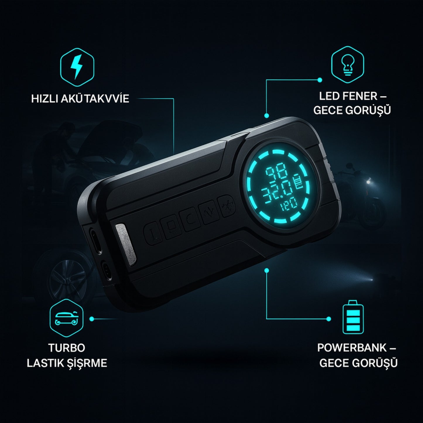 4in1 Akü Takviye+Hava Pompası+Led Fener+Powerbank