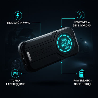 4in1 Akü Takviye+Hava Pompası+Led Fener+Powerbank