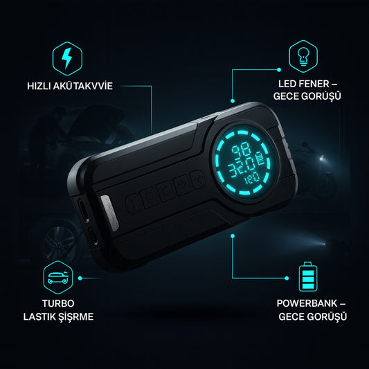 4in1 Akü Takviye+Hava Pompası+Led Fener+Powerbank